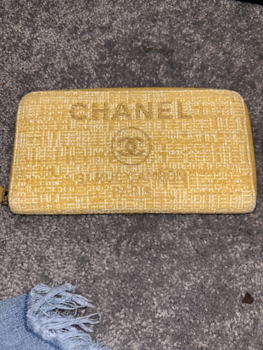 CHANEL Yellow Tweed Zip Wallet with Embossed Logo